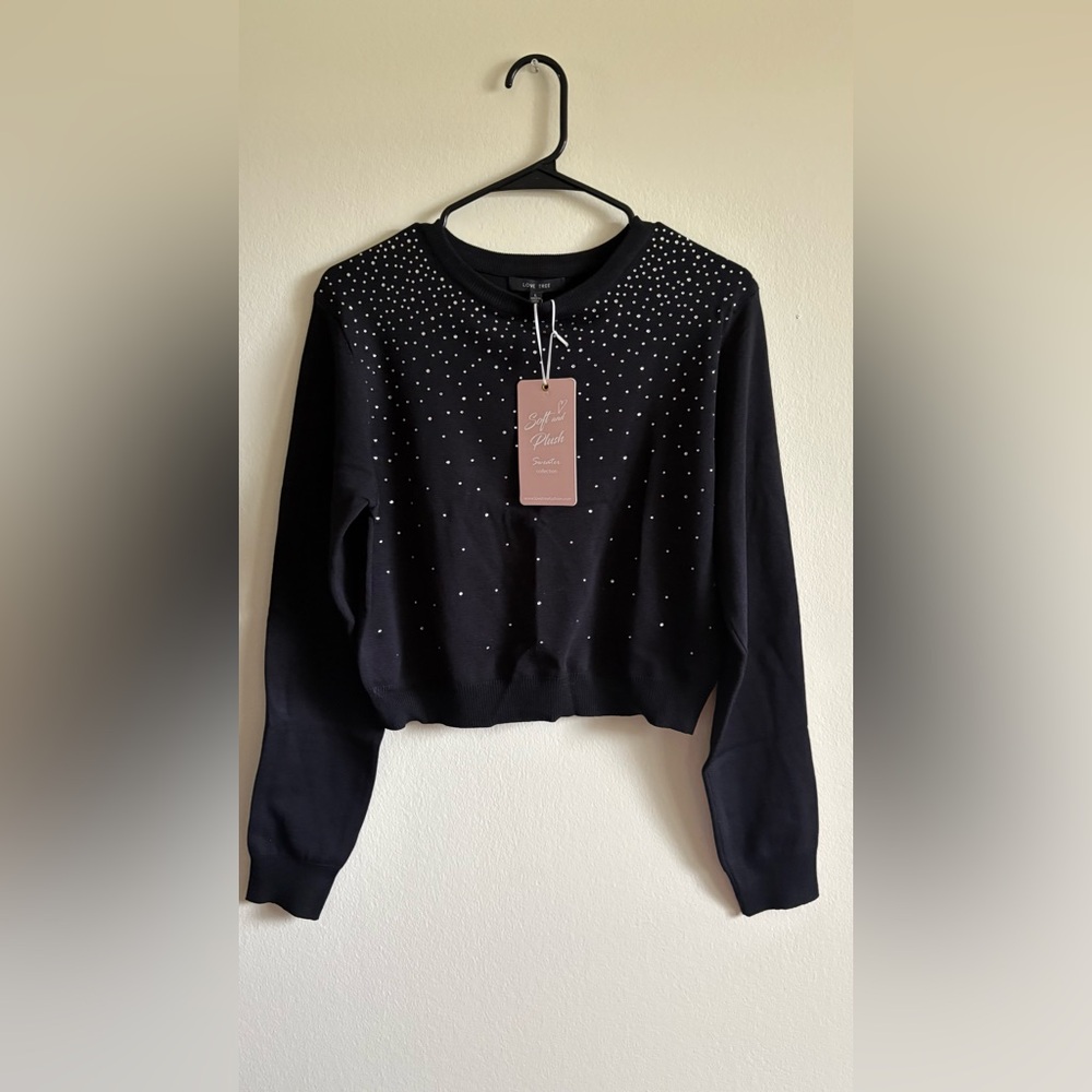 NanaMacs Simple Sparkle Rhinestone Embellished Sweater Top Black Large